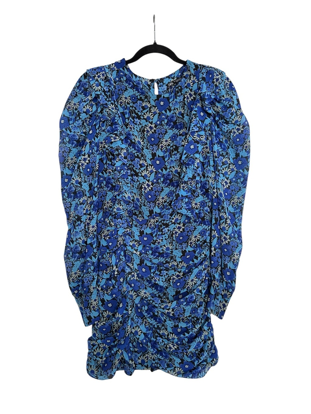 ZARA Blue Floral Ruffle Mini Dress Size S Ruched Draped Long Sleeve Cottagecore